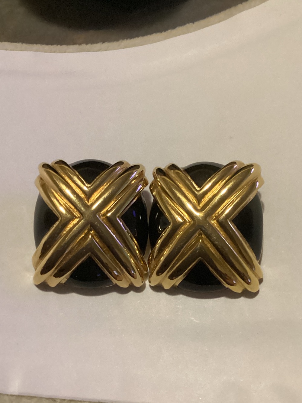St. John Black and Gold X-Front Button Earrings